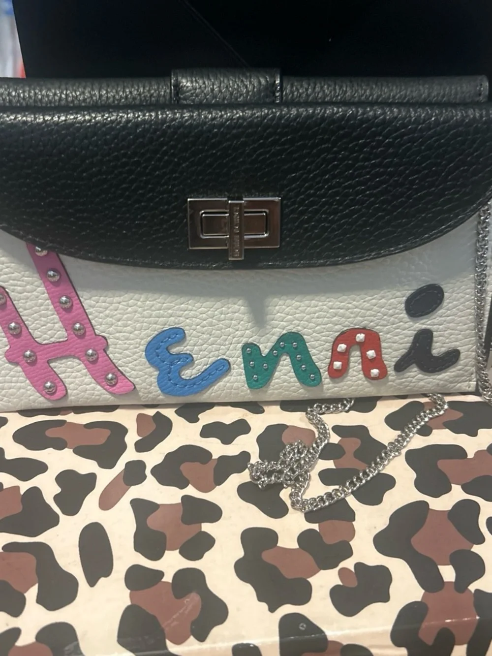 Henri Bendel White Leather wallet chain with Colorful Studded Letter Appliqués